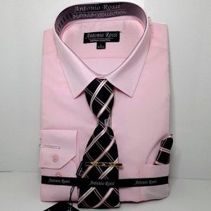 Antonio Rossi Dress Shirt, Tie, Clip & Handkerchief Set Size Large 16-16.5 Pink